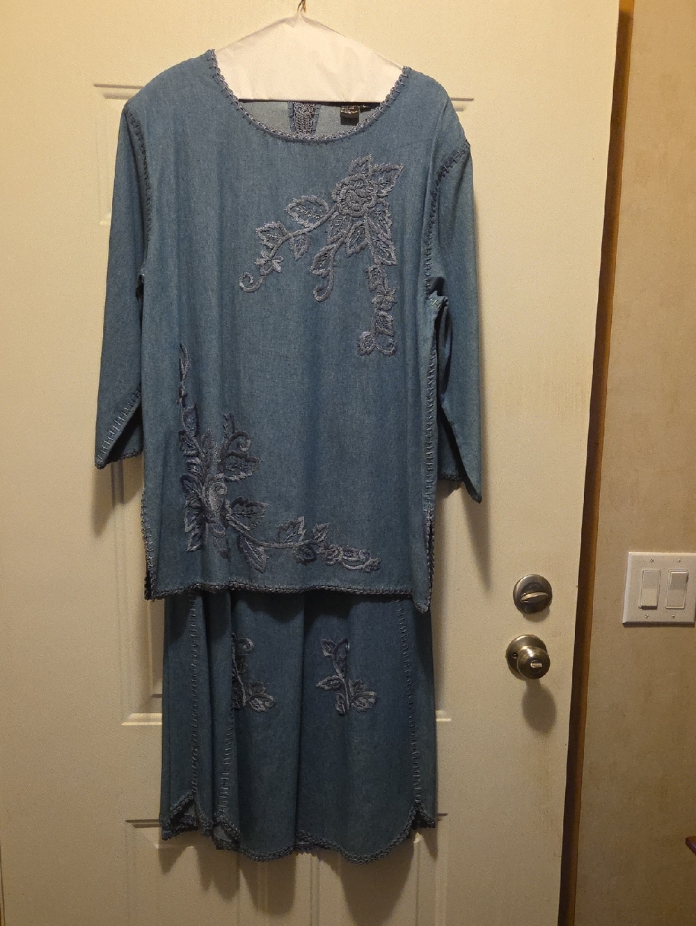Maurada Denim Embroidered Tunic Top And Skirt in Blue